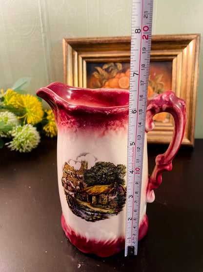 Vintage English Cottage Scene Ceramic Pitcher – 16 cm