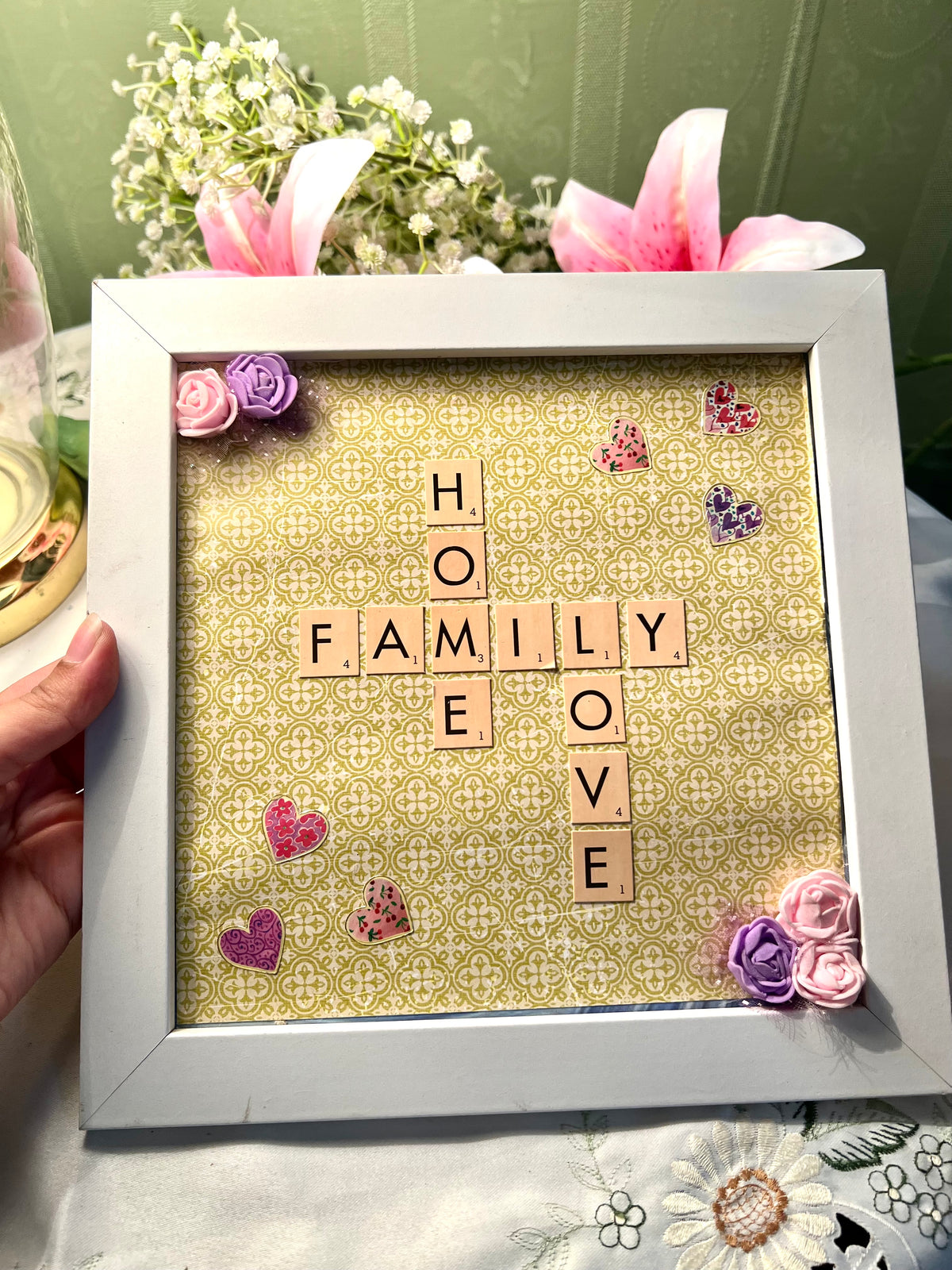 Home Family Love Scrabble-Style Floral Wall Art Frame 25cm