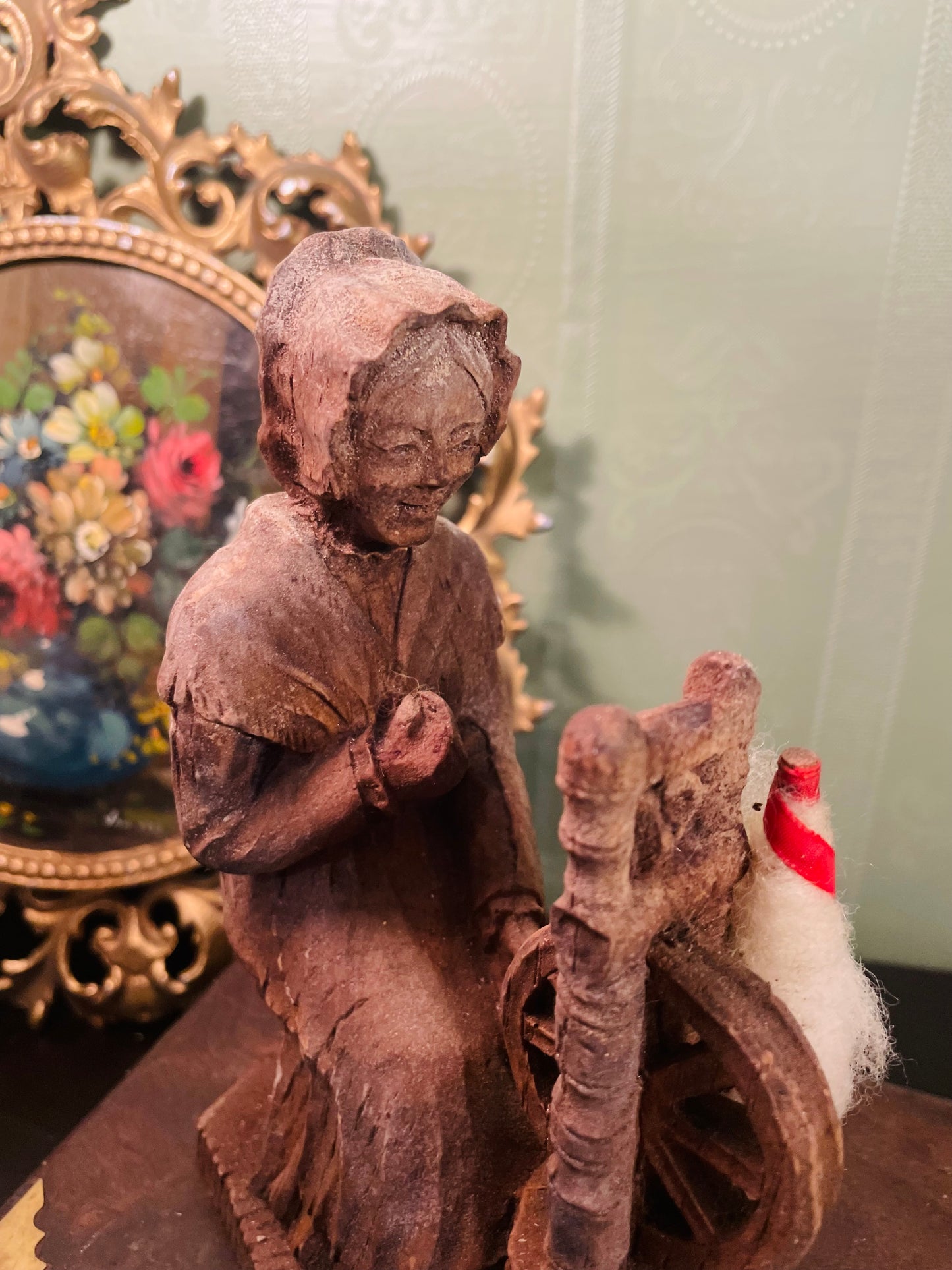 Vintage Hand-Carved Wooden Spinning Wheel Lady Figurine