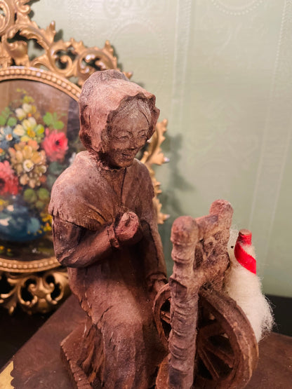 Vintage Hand-Carved Wooden Spinning Wheel Lady Figurine