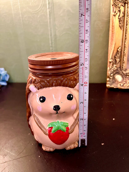 Hedgehog Mason Jar Tumbler with Lid | Strawberry Animal Cup