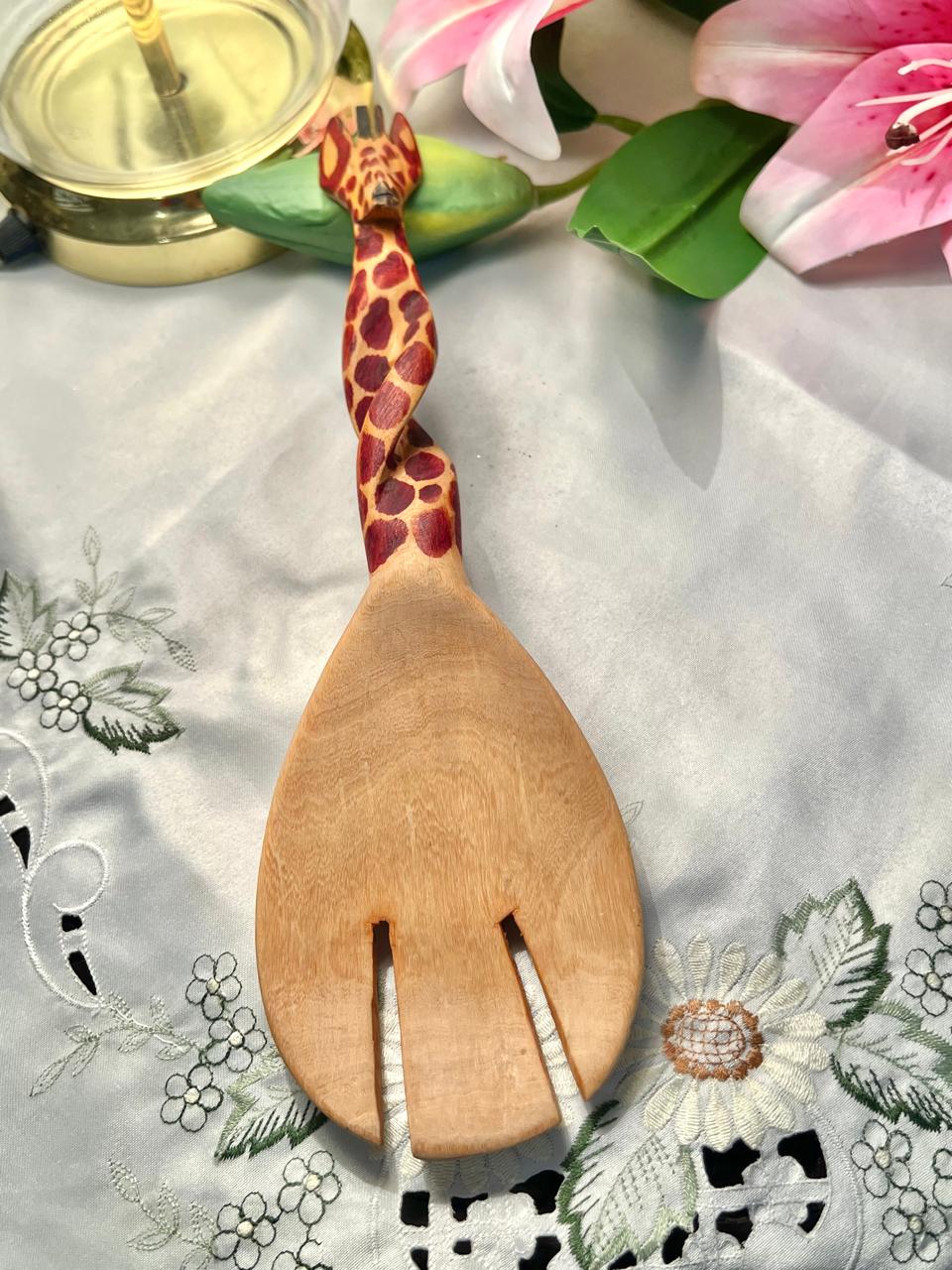 Vintage Wooden Giraffe Motif Serving Fork 11 in