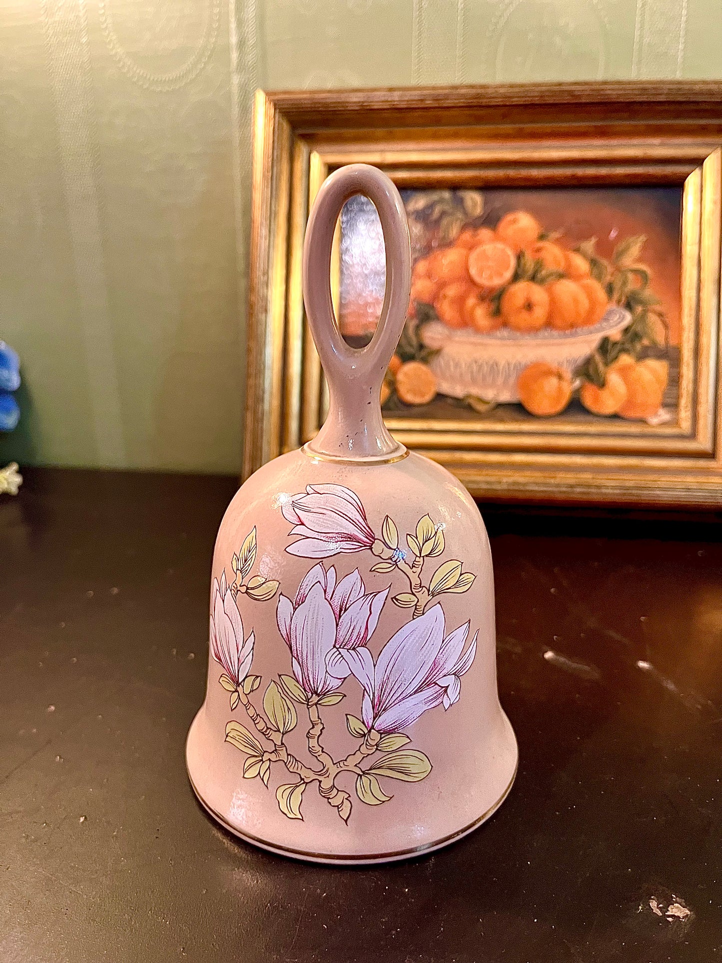 Vintage Floral Ceramic Hand Bell – Magnolia Flower Design