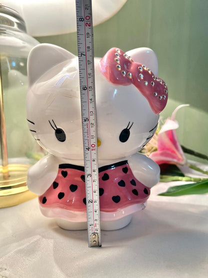 White Pink Cat Coin Bank Rhinestone Bow  18cm - 1 Piece