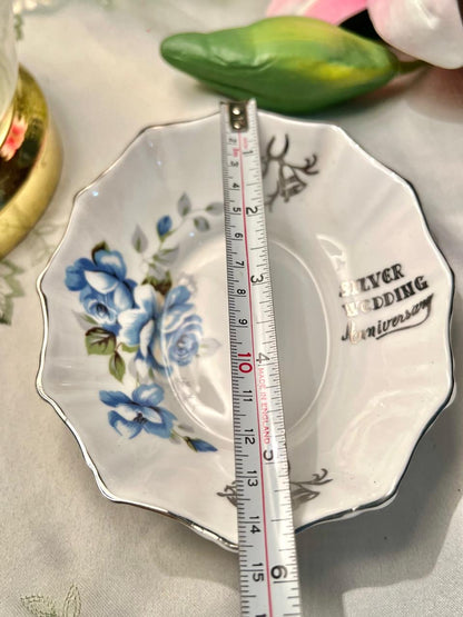 Royal Stafford Bone China Silver Wedding Dish Blue Floral 14 cm