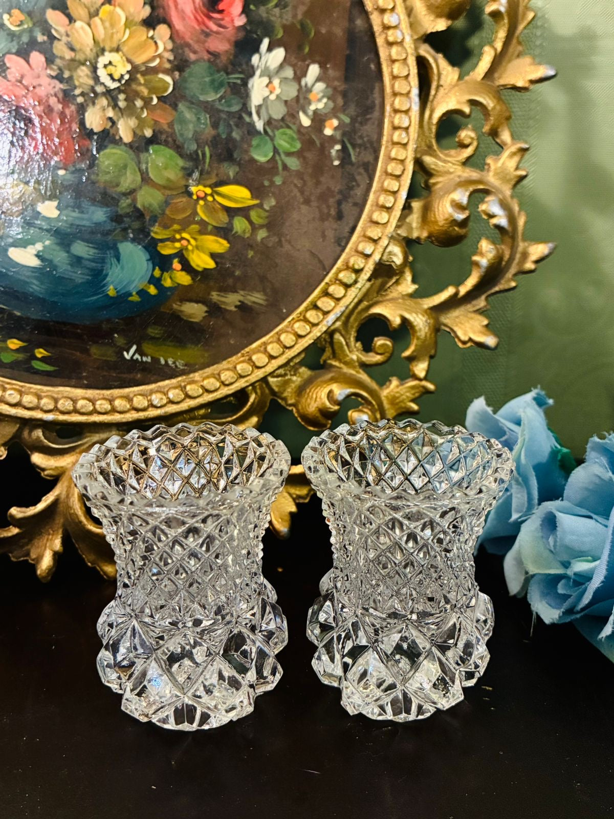 Pair of Vintage Clear Cut Crystal Vases or Toothpick Holders