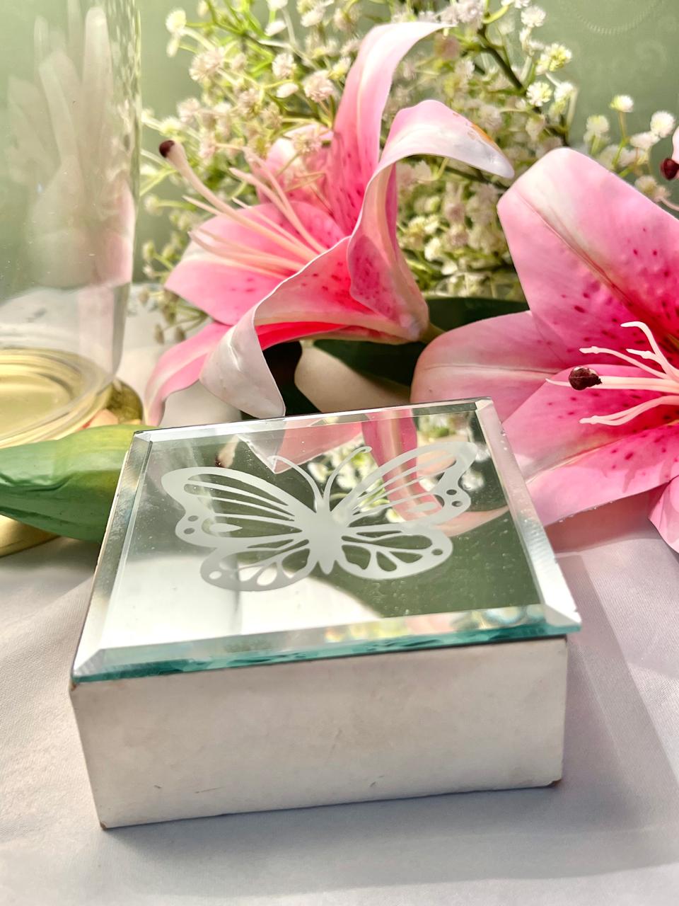 Mirrored Butterfly Trinket Box – Square Decorative Keepsake Box, Approx. 10 cm