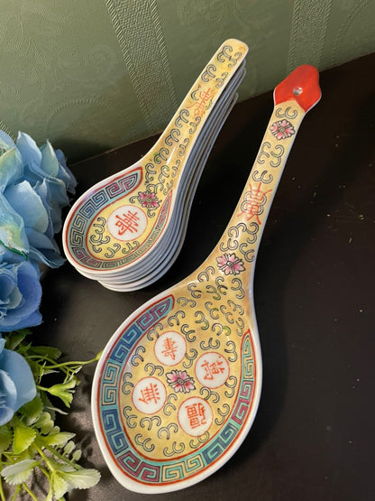 Vintage Chinese Porcelain Spoon Set with Serving Spoon
