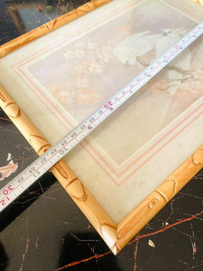 Pair of Vintage White Bird & Peacock Prints – Bamboo Style Frames (England)