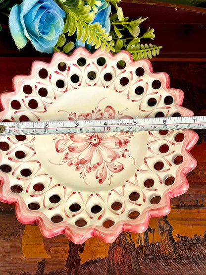 Vintage Pink Hand Painted Floral Pierced Ceramic Decor Plate 18 cm