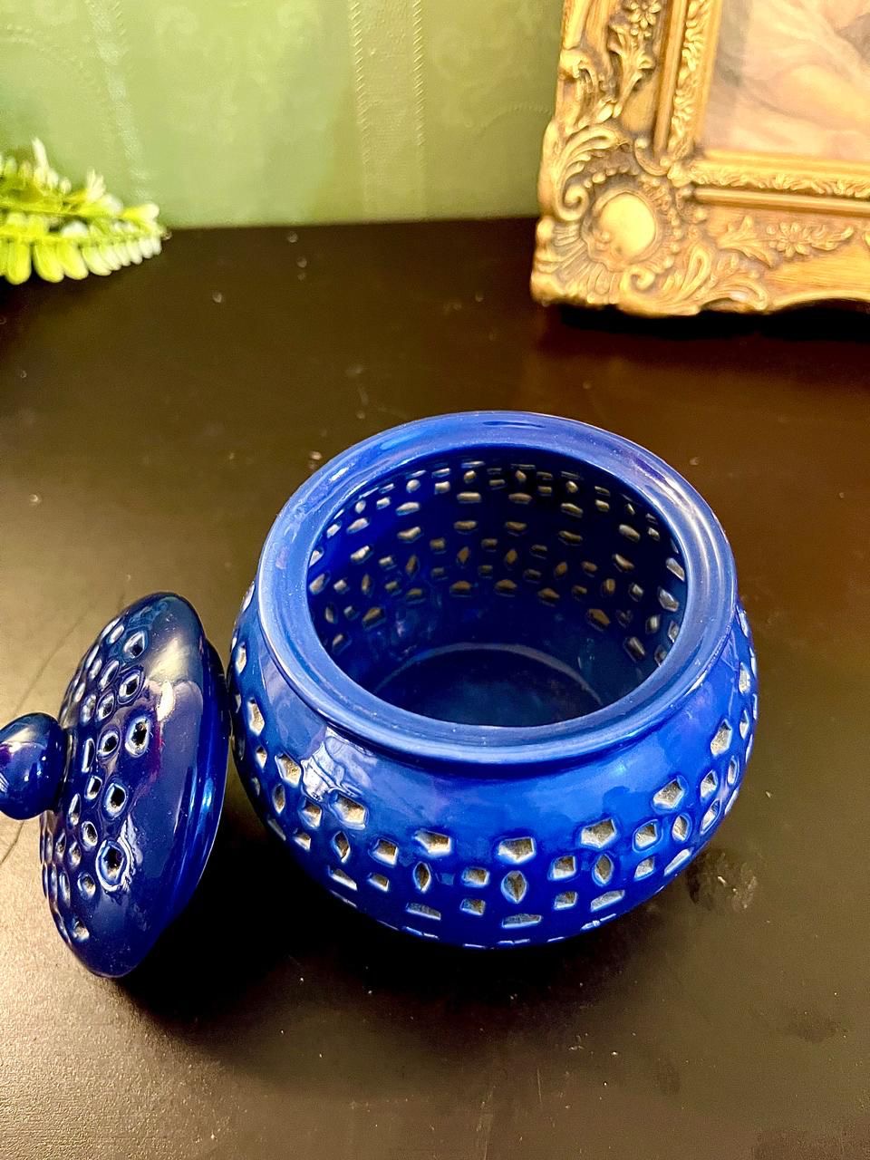 Vintage Blue Ceramic Lidded Lantern Jar 5 Inch