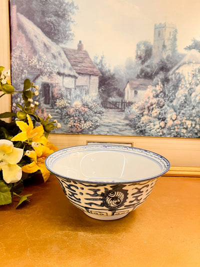 Vintage Blue and White Decorative Ceramic Bowl – Asian Inspired Serving Bowl