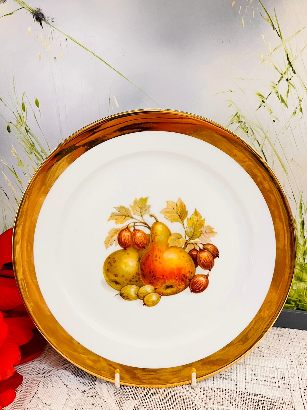 Vintage Fruit Plate with Brown Rim 10 Inch