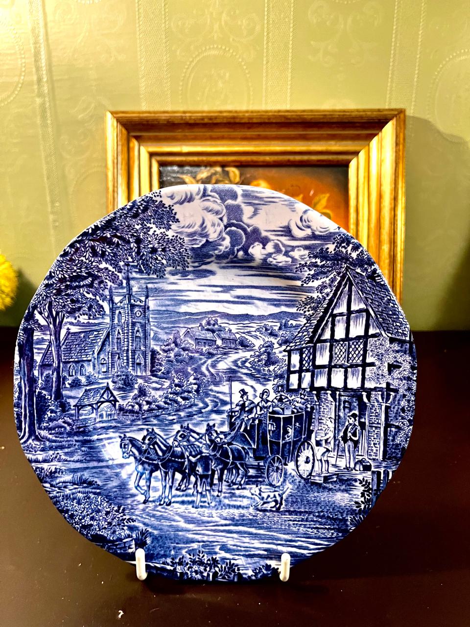 Vintage Blue & White Coaching Scene Plate – 8 Inch