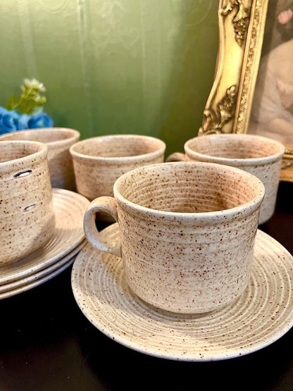 Vintage Speckled Stoneware Tea Cup & Saucer Set of 5