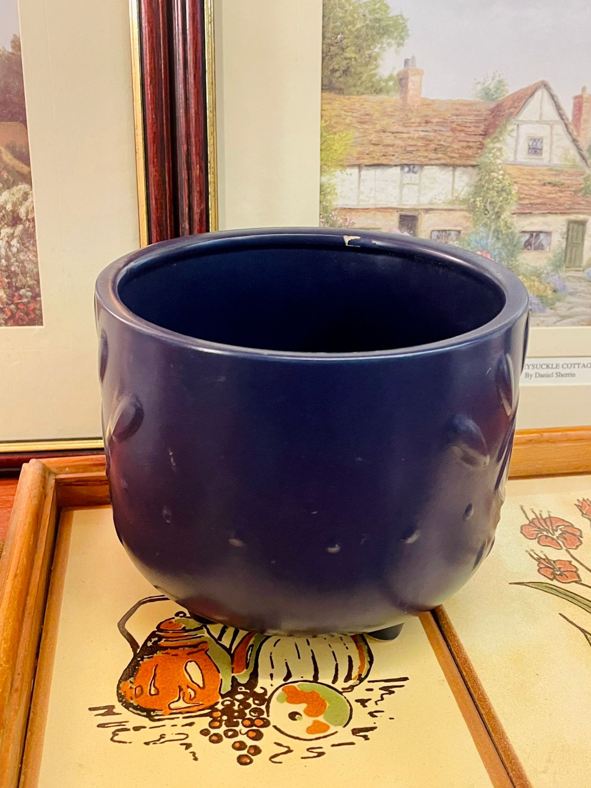 Navy Blue Ceramic Planter Pot with Embossed Eye Motif – Medium Size