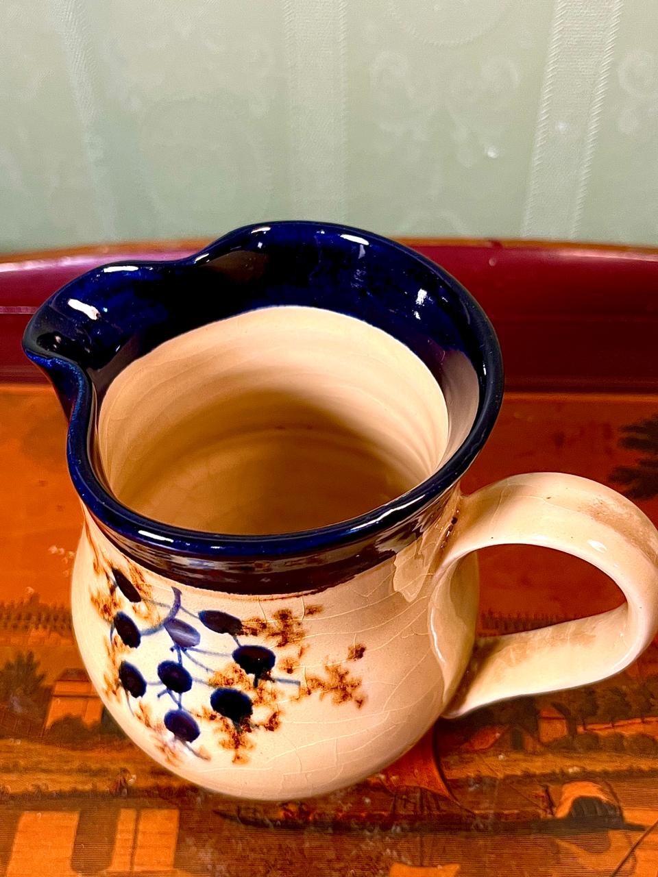Vintage Handcrafted Stoneware Milk Jug | Blue Rim Creamer Pitcher