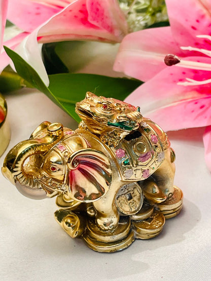 Gold-Tone Elephant & Dragon Feng Shui Figurine Approx. 8 cm Tall