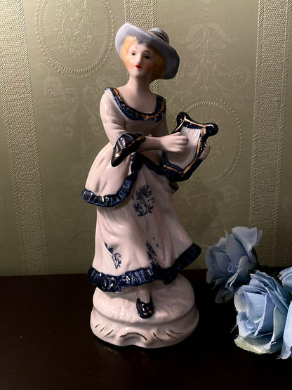 Vintage Porcelain Lady Figurine with Lyre 8 Inch
