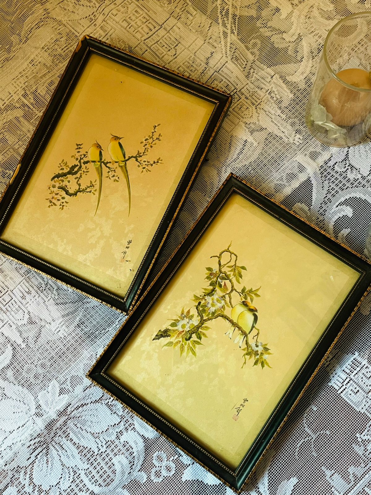Set of 2 Asian Bird Art Paintings – Black Gold Framed Wall Décor