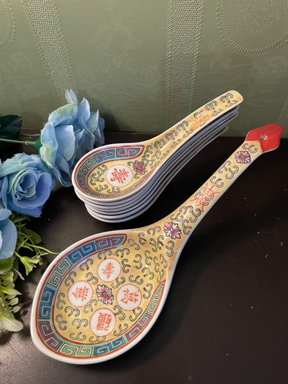 Vintage Chinese Porcelain Spoon Set with Serving Spoon