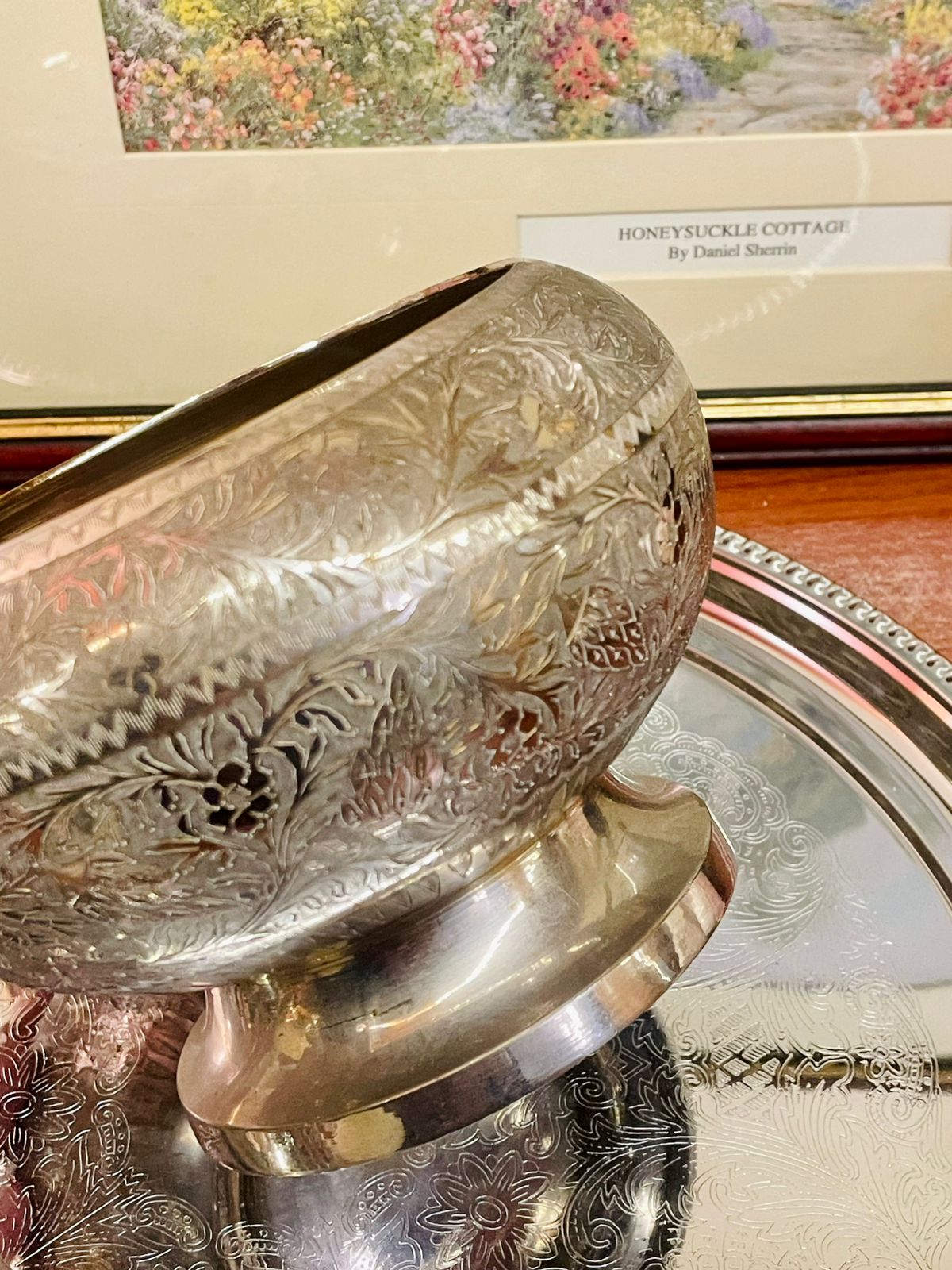 Silver Engraved Flower Arranger Bowl – Vintage Floral Frog Vase