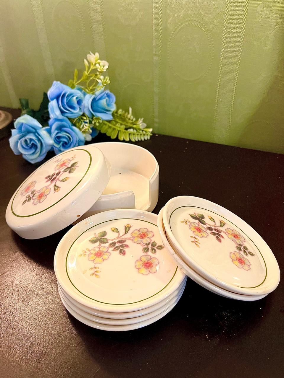 Vintage Floral Coaster Set with Holder 5 Inch