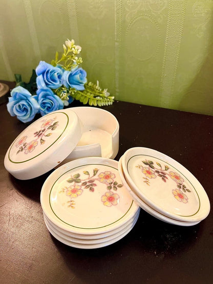 Vintage Floral Coaster Set with Holder 5 Inch