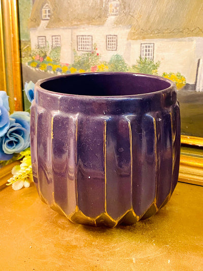 Deep Purple Ribbed Ceramic Planter – Modern Cottage-Core Decor