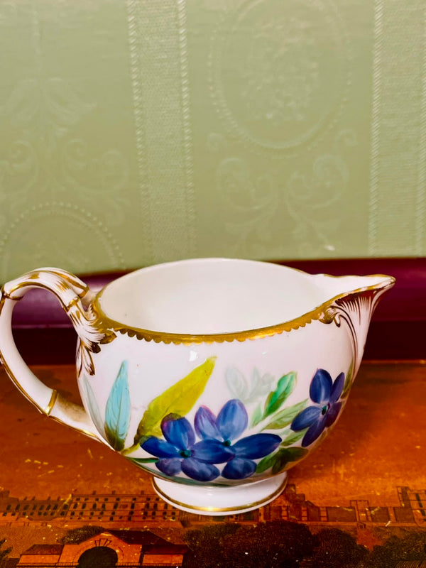 Blue Floral Ceramic Milk Jug Gold Trim Approx. 3.5 Inch
