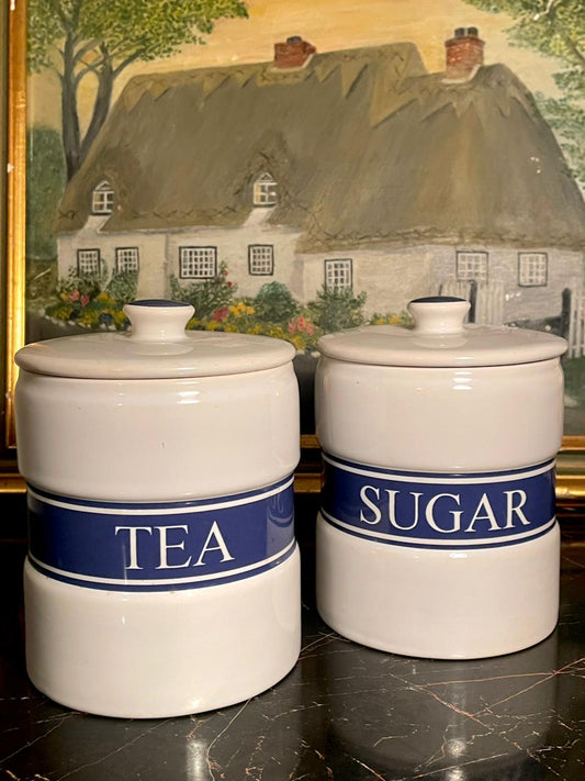 Set of 2 Classic Blue & White “Tea & Sugar” Ceramic Storage Jar Set