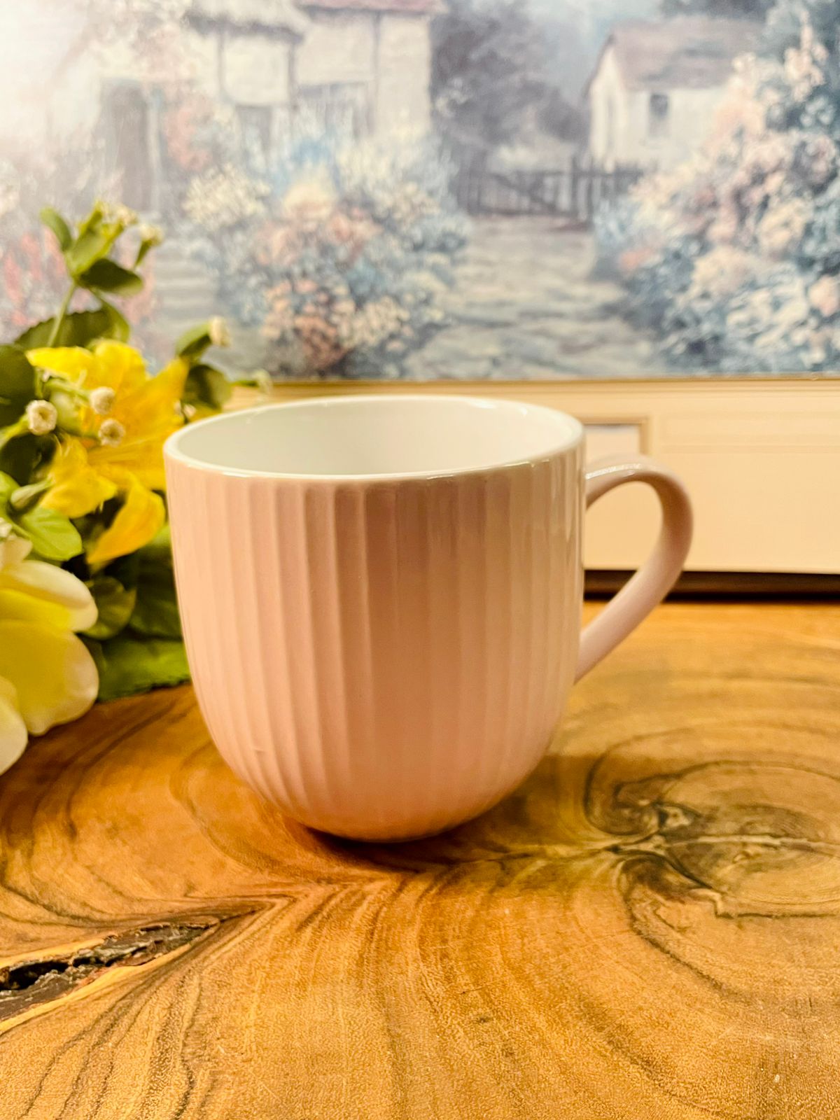 Ribbed Ceramic Mug Pink & Grey Minimal Coffee Cups