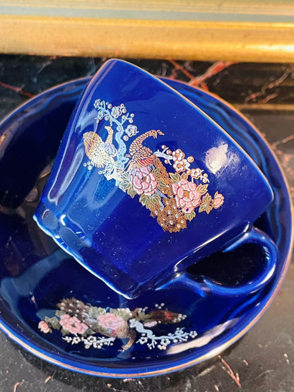 Vintage Amsel Japan Cobalt Blue Mini Cup & Saucer – Hand-Painted Golden Peacocks – 2.5 Inches