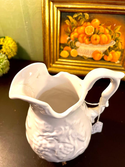 Vintage White Embossed Porcelain Pitcher – 6 Inch