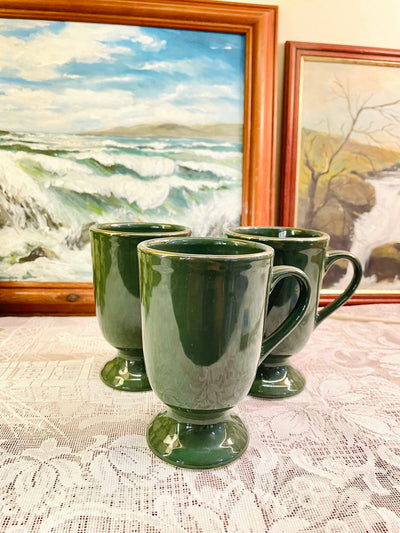 Vintage Dark Green Pedestal Ceramic Mugs