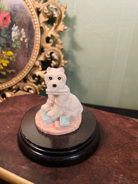 Vintage Westie Dog Figurine with Books on Wooden Base