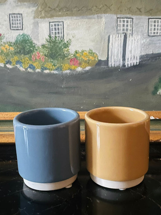 Mini Ceramic Plant Pots Set – Mustard & Blue Gloss Finish | Made in England