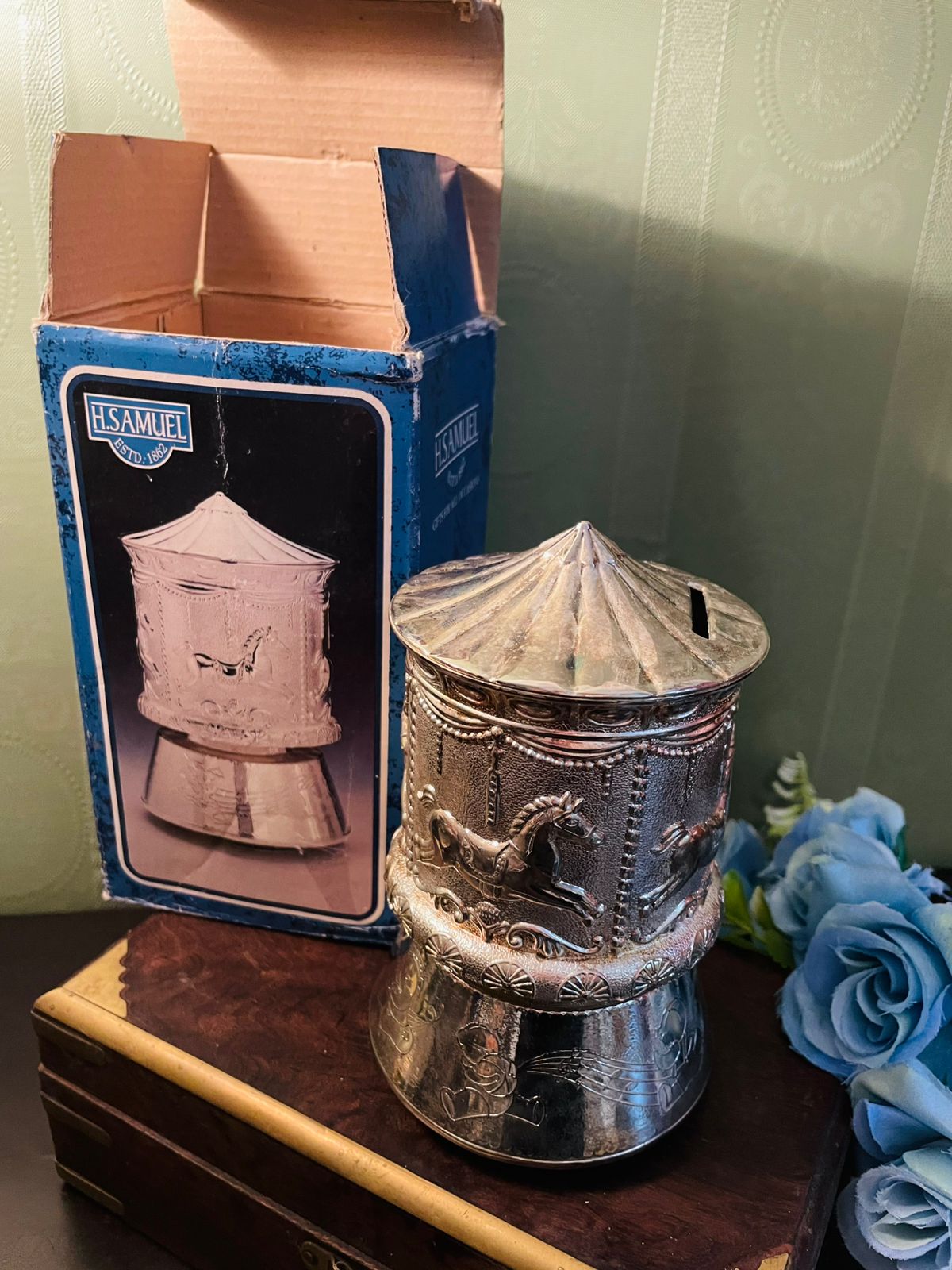Vintage H. Samuel Carousel Coin Bank Silver Tone 6 Inch