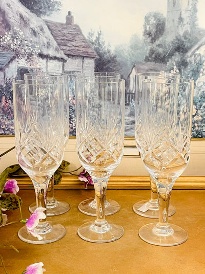 Set of 6 - Vintage Cut Glass Champagne Flutes  – Elegant Stemware