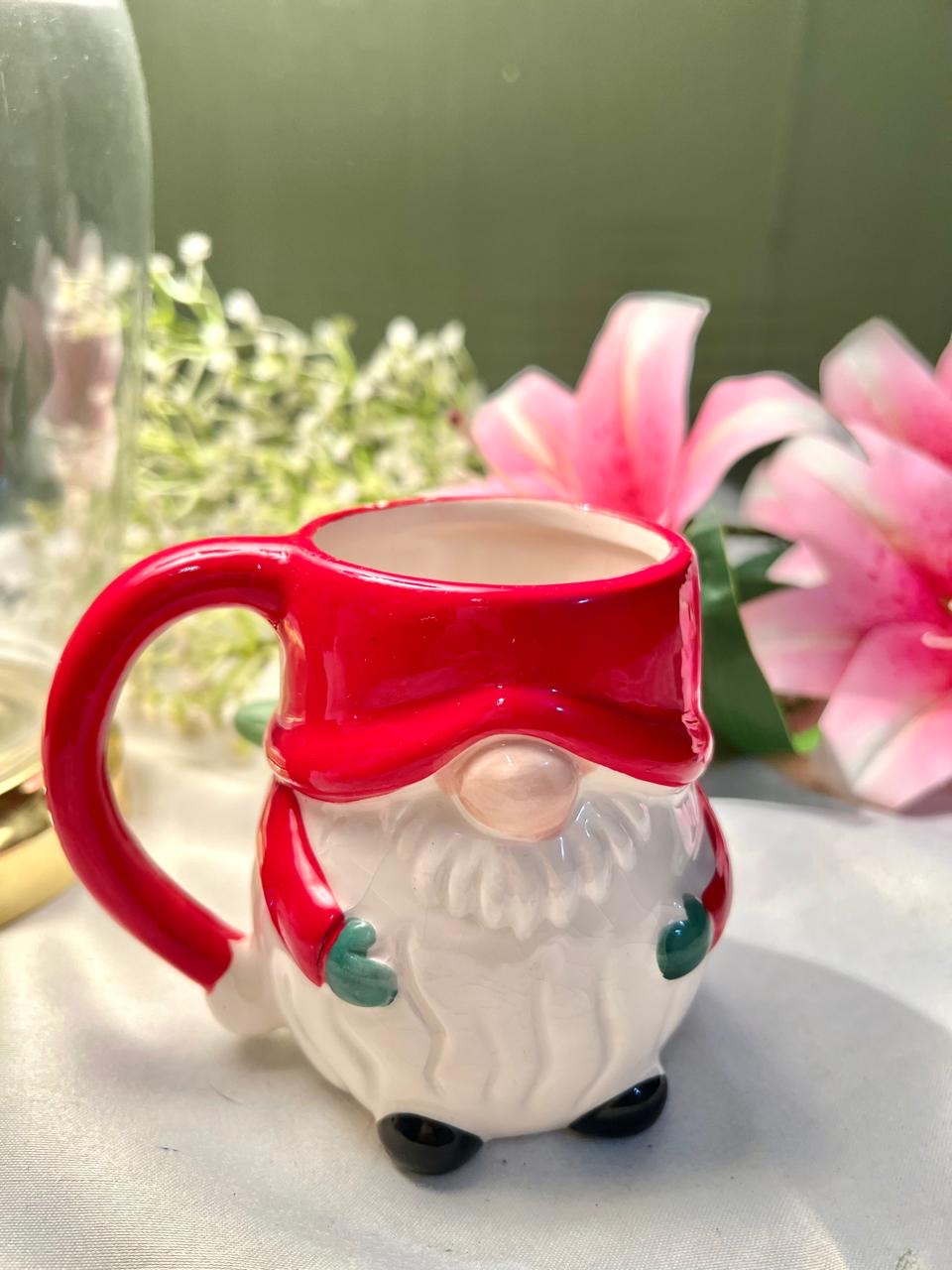 Hand painted Christmas Santa Gnome Ceramic Mug – Red & White, 10cm