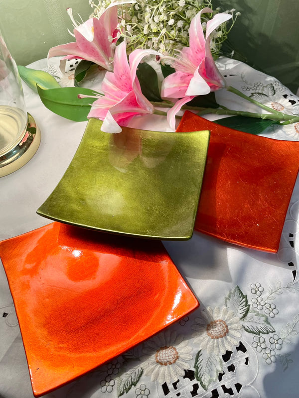 Square Metallic Orange & Green Decorative Plates Set of 3
