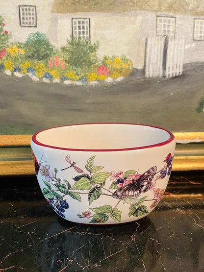 butterfly bowl, floral ceramic bowl, english botanical pottery, cottagecore decor, nature inspired bowl, vintage kitchenware, fruit bowl pakistan, decorative ceramic, butterfly design dish, floral crockery, collectible ceramics, sunsetkitchen, cottageaesthetic, countrysidecharm, englishvintage