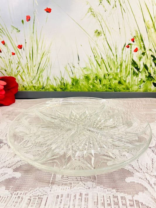 Vintage Cut Glass Round Serving Platter Decor