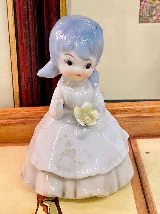 ceramic girl figurine, kawaii home decor, blue hair figurine, vintage collectible ornament, mini ceramic statue, cute shelf decor, cottagecore figurine, pastel decor, small home accents, doll style figurine