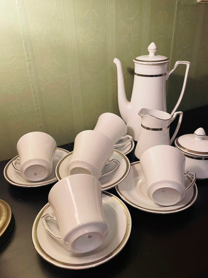 Vintage Wawrzyniec Poland Porcelain Tea Set with Silver Trim