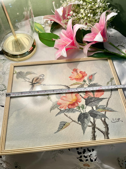 Vintage original Chinese Gongbi brush painting traditionally titled "Bird on Chinese Hibiscus Tree" 15 inches
