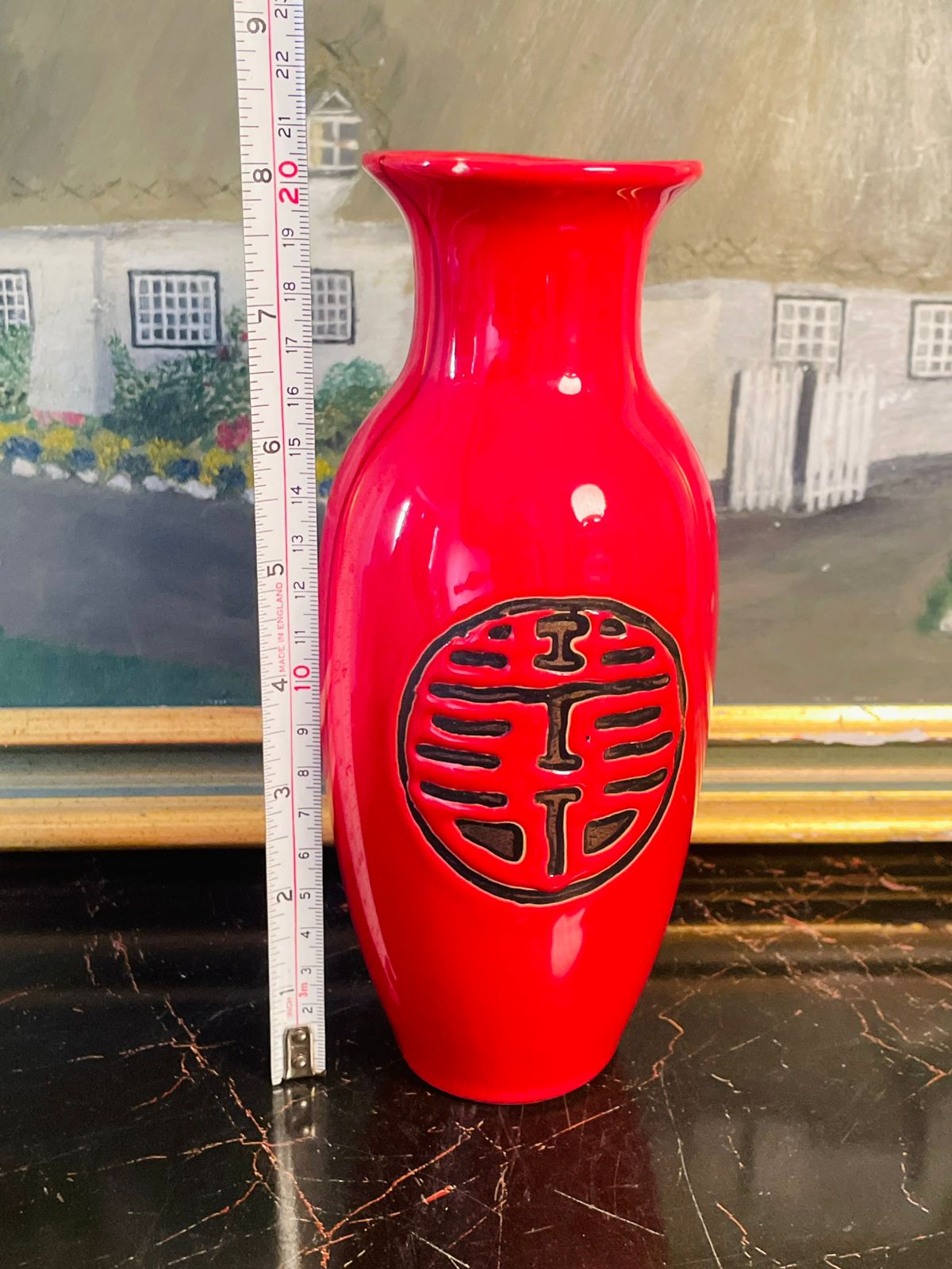 Red Oriental Ceramic Vase ( 20cm )– Gloss Finish with Double Happiness Symbol. Japan