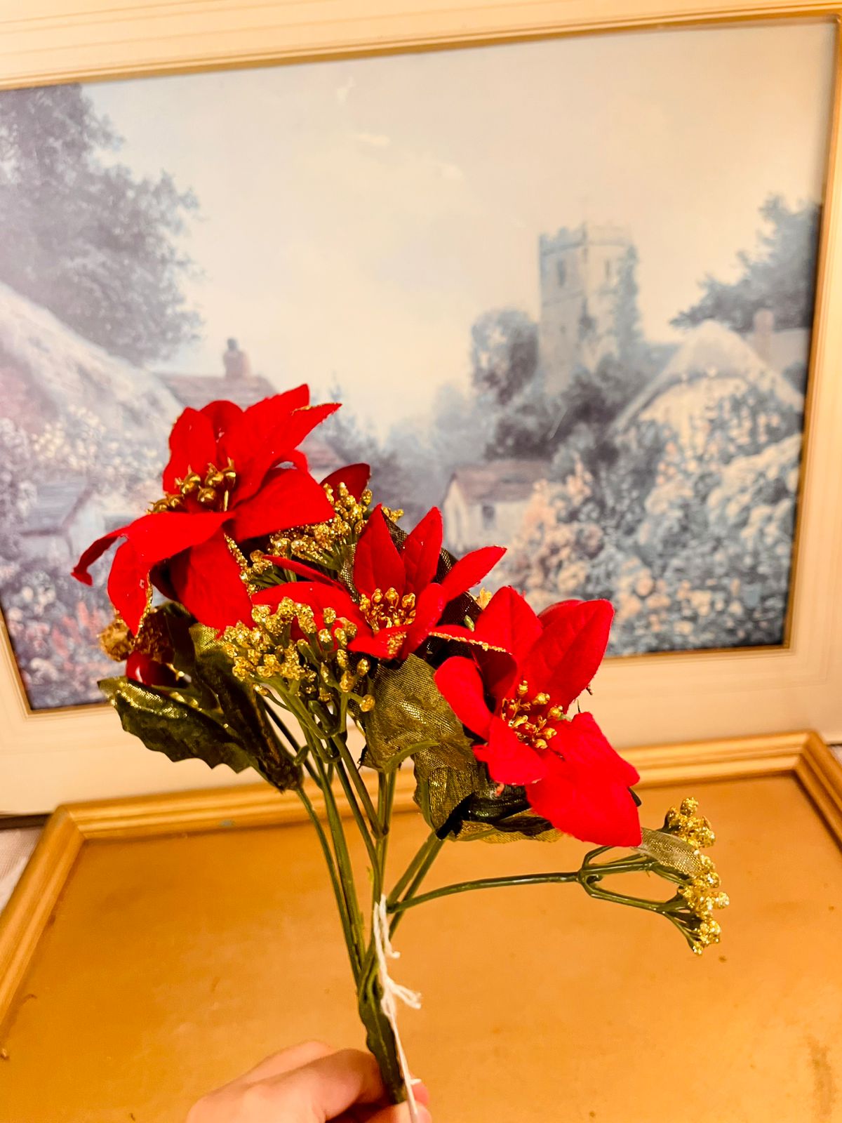 Vintage Red Poinsettia Pine Cone Floral Spray 10.5 inches