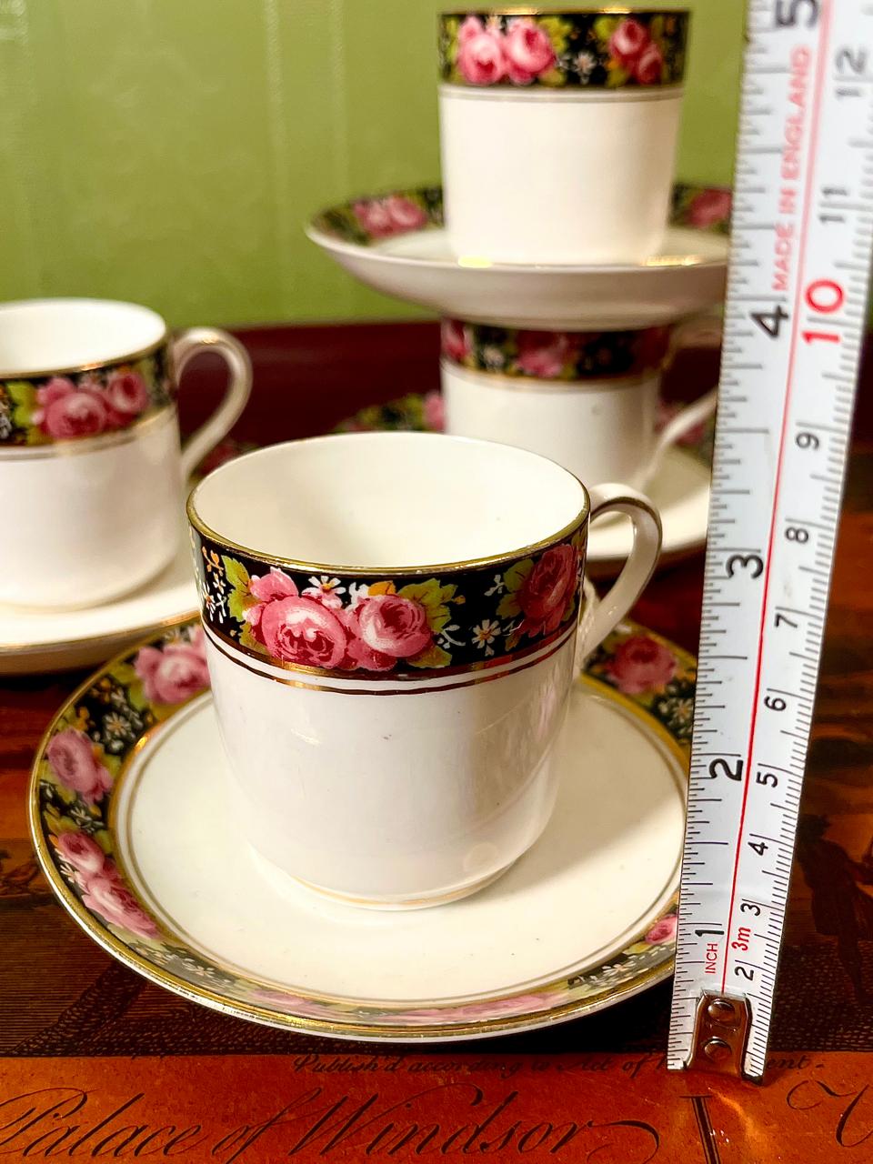 Vintage Fine Bone China Coffee Cup & Saucer Set | Black Rose Border | England