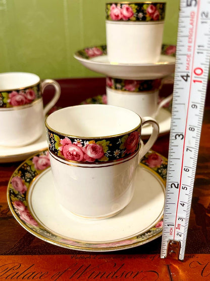 Vintage Fine Bone China Coffee Cup & Saucer Set | Black Rose Border | England